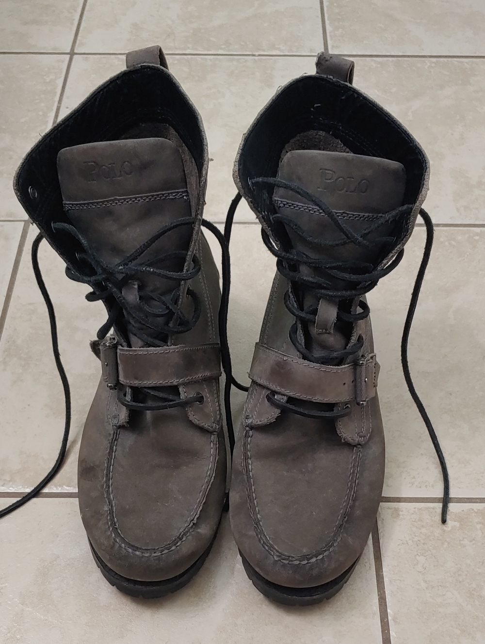 Polo Ralph Lauren Ranger Boots Men's 10.5 Grey Leather Lace-Up Buckle Utility